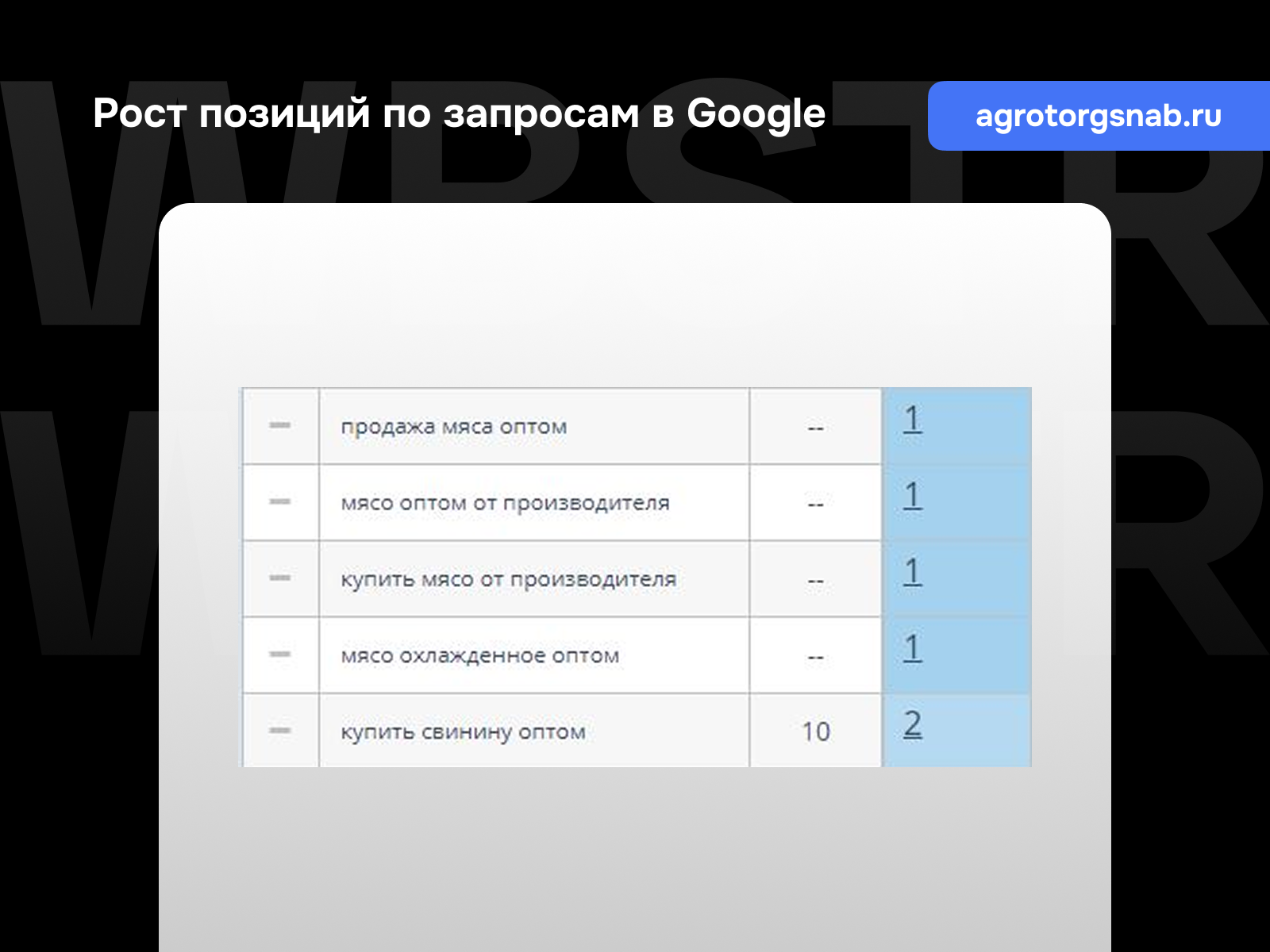 Позиции по запросам Google для проекта «Агроторгснаб»