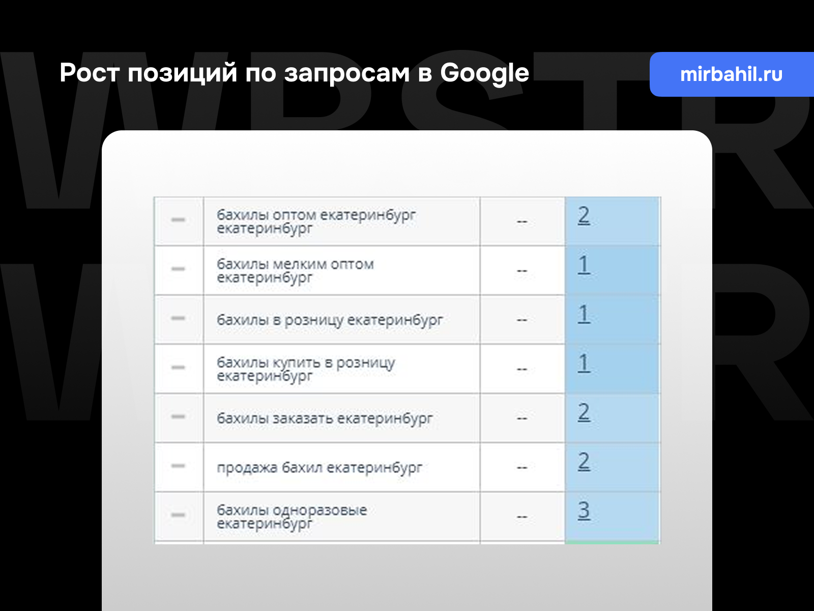 Позиции по запросам Google для проекта «Мир бахил»