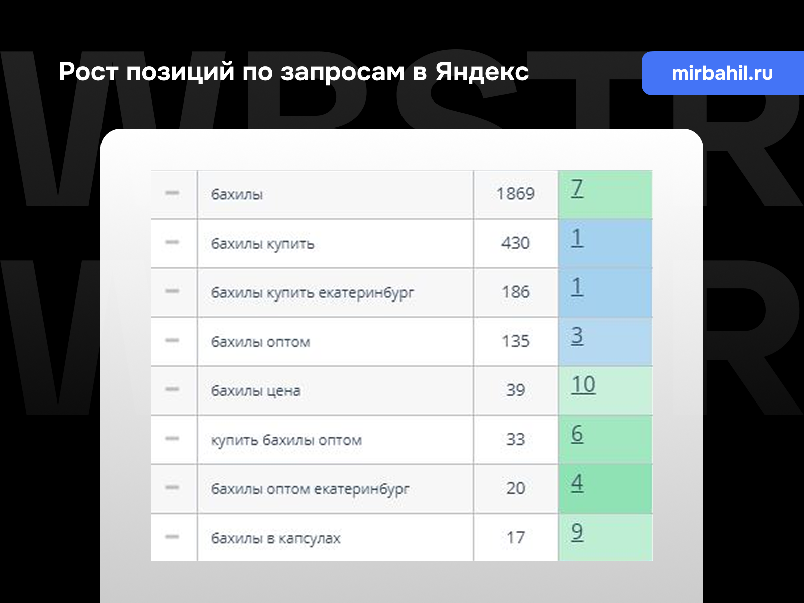 Позиции по запросам Яндекс для проекта «Мир бахил»